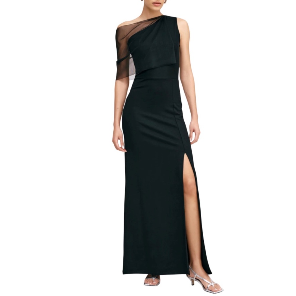 Marcella One Shoulder Maxi Dress Black European Ponte Mesh Overlay Zinnia Small